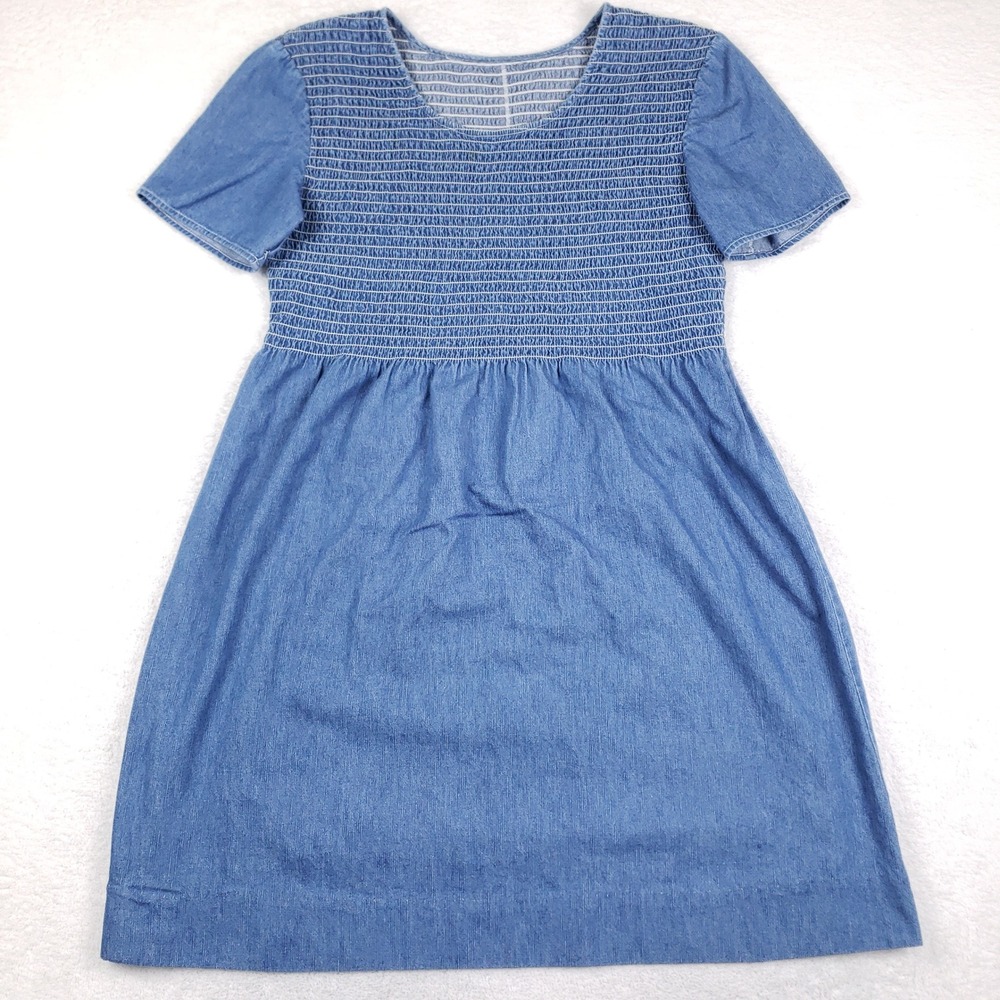Vintage Handmade Denim Smocked Dress Womens M L Blue Midi Cottagecore XL